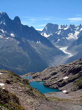 Lac Blanc, la Mer de Glace, au fond les grandes jorasses